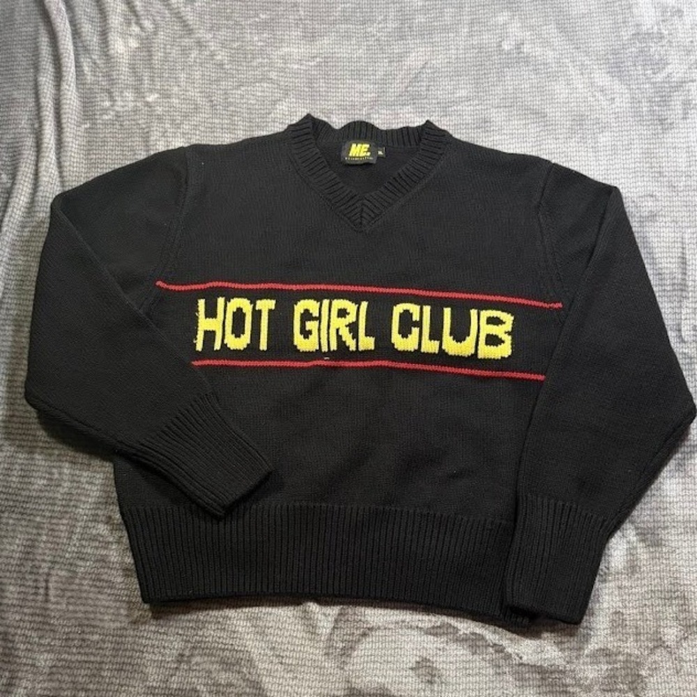 Melody Ehsani Hot Girl Club V-Neck Sweater Black XL Streetwear Knit Cotton Blend